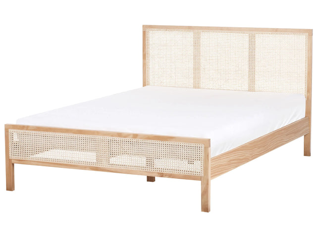 Bed Light Brown Pine Wood EU Double Size 4ft6 with Headboard Viennese Braid Slatted Base Minimalistic Rustic Style Beliani