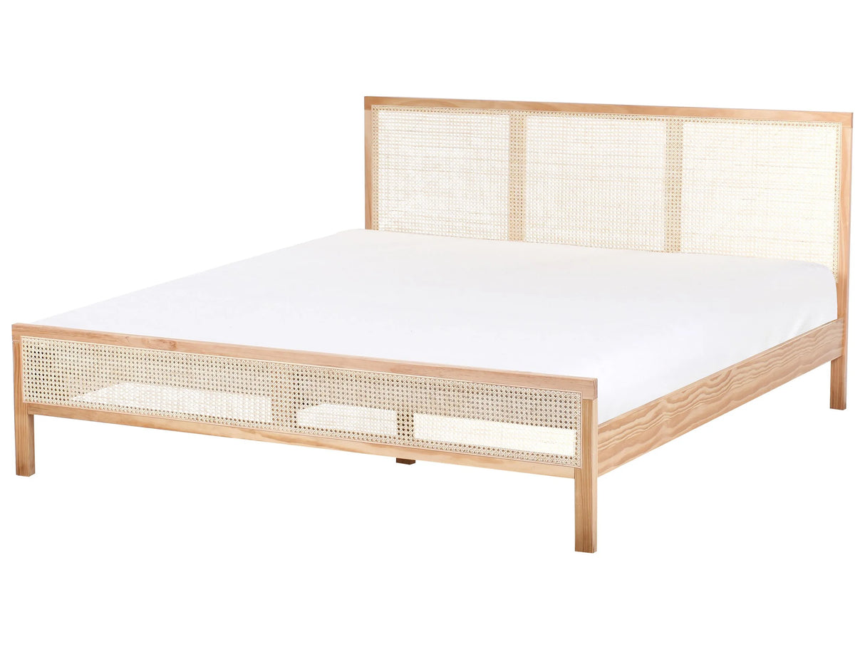 Bed Light Brown Pine Wood EU Super King Size 6ft with Headboard Viennese Braid Slatted Base Minimalistic Rustic Style Beliani