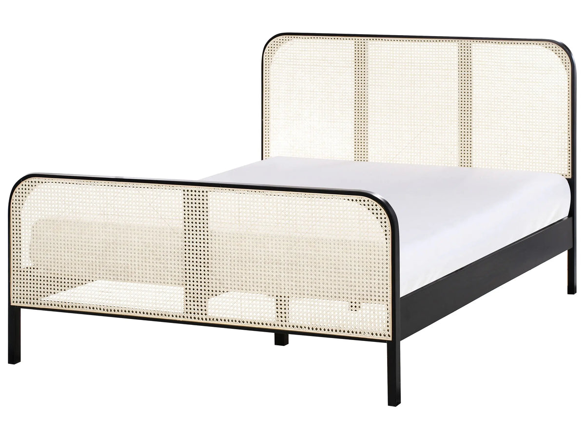 Bed Black Pine Wood EU Double Size 4ft6 with Headboard Viennese Braid Slatted Base Minimalistic Rustic Style Beliani