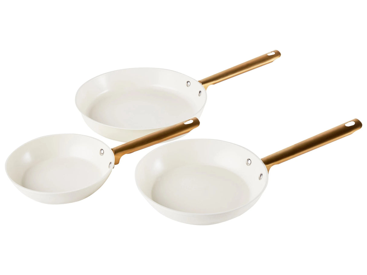 Set of 3 Frying Pans Off-White Aluminium Ceramic Coat Non-Stick with Handles in 3 Sizes Beliani