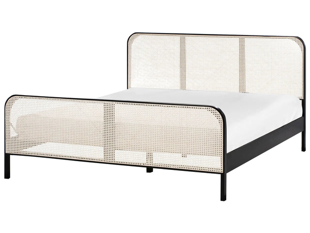 Bed Black Pine Wood EU King Size 6ft with Headboard Viennese Braid Slatted Base Minimalistic Rustic Style Beliani