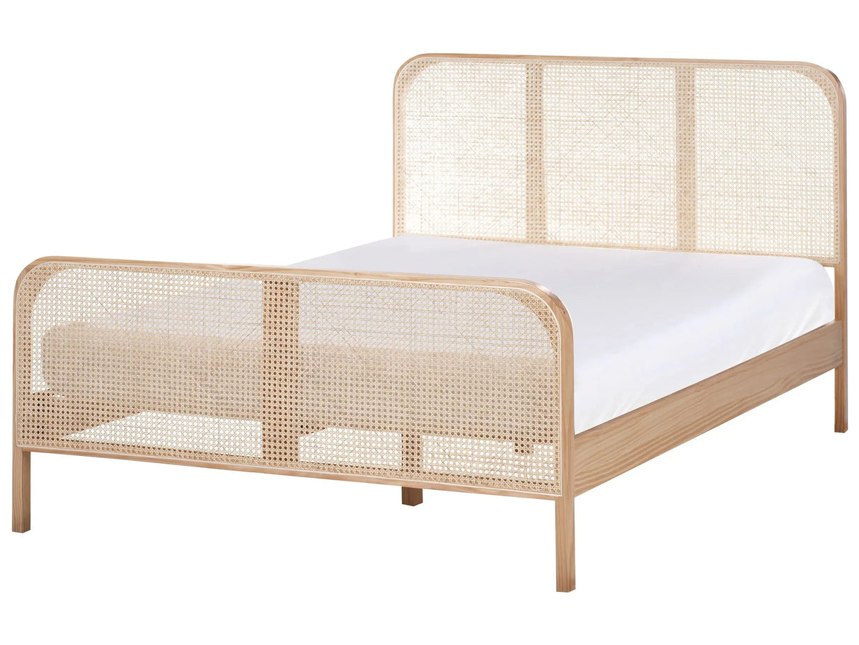 Bed Light Brown Pine Wood EU Double Size 4ft6 with Headboard Viennese Braid Slatted Base Minimalistic Rustic Style Beliani