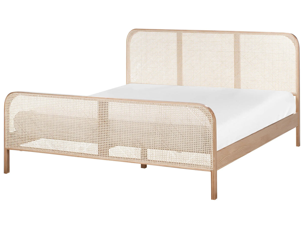 Bed Light Brown Pine Wood EU King Size 6ft with Headboard Viennese Braid Slatted Base Minimalistic Rustic Style Beliani