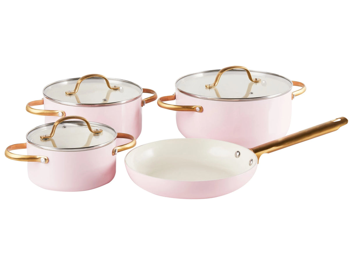 7 Piece Pan Set Pastel Pink  Aluminium Ceramic Coat Non-Stick 3 Saucepans with Lids 1 Frying Pan Beliani