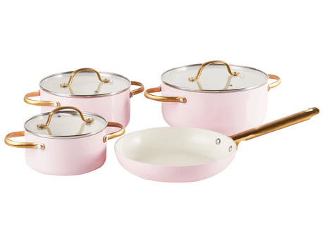 7 Piece Pan Set Pastel Pink  Aluminium Ceramic Coat Non-Stick 3 Saucepans with Lids 1 Frying Pan Beliani