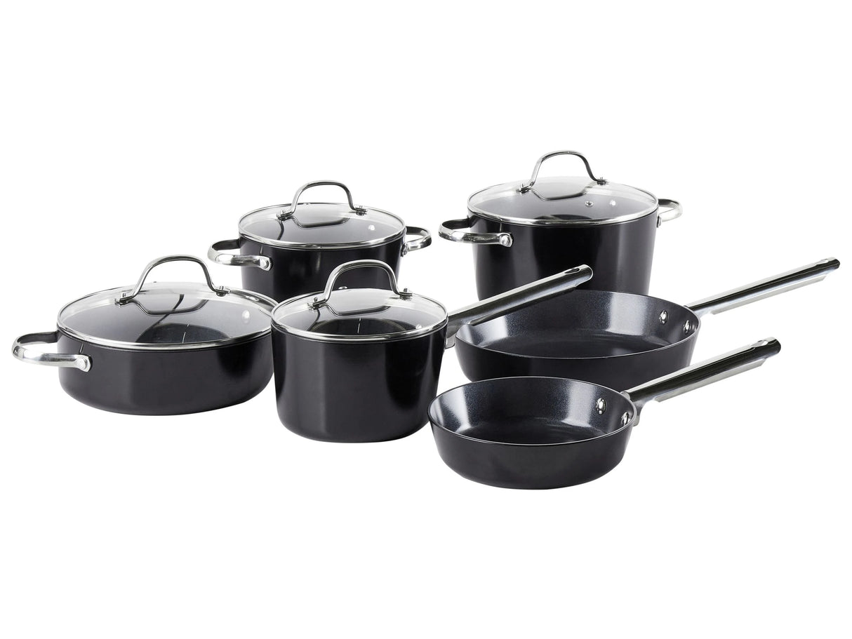 10 Piece Pan Set Black Aluminium Ceramic Coat Non-Stick 3 Saucepans with Lids 2 Frying Pans Beliani