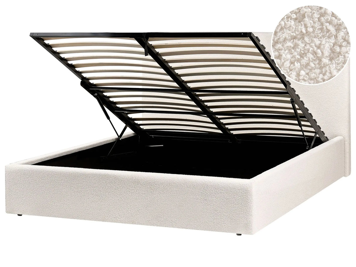 EU King Size Ottoman Bed Off-White Boucle Fabric Upholstery with Wide Headboard and Storage Lift-Up Slatted Base Beliani