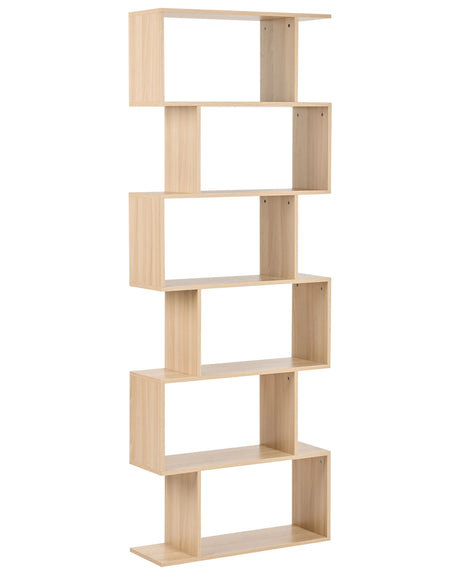 6 Tier Bookcase Light Brown Shelves Particle Board Frame Open Back Irregular Design Storage Minimalist Style Beliani