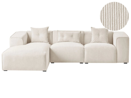 Right Hand Corner Sofa Off-White Corduroy Upholstery 3 Seater Extra Scatter Cushions Modern Living Room Beliani