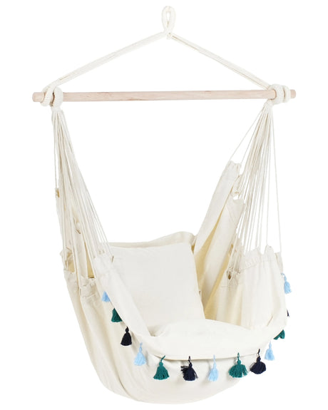 Hanging Hammock Chair Beige with Blue Cotton and Polyester Swing Seat Indoor Outdoor Boho Style Beliani