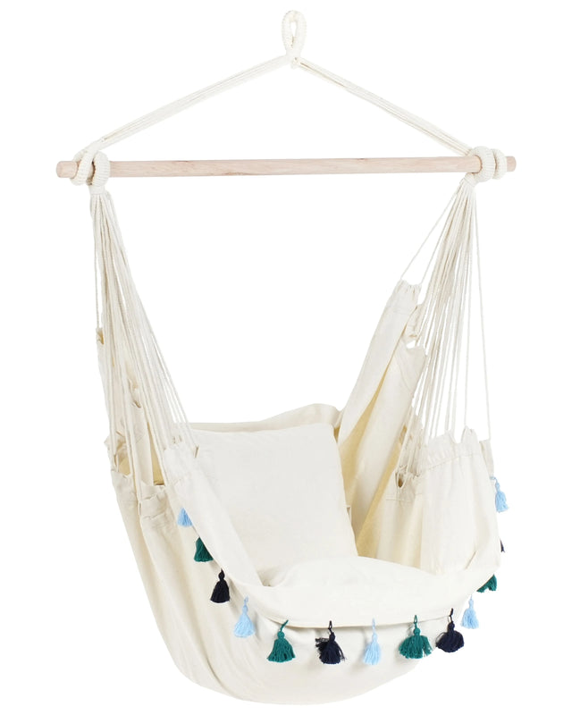 Hanging Hammock Chair Beige with Blue Cotton and Polyester Swing Seat Indoor Outdoor Boho Style Beliani