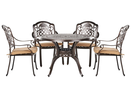 Garden Dining Set Brown Aluminium Outdoor Table 4 Chairs Seat Cushions Retro Style Beliani