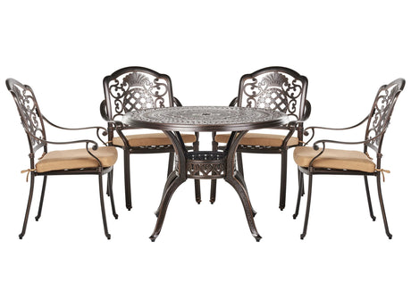 Garden Dining Set Brown Aluminium Outdoor Table 4 Chairs Seat Cushions Retro Style Beliani