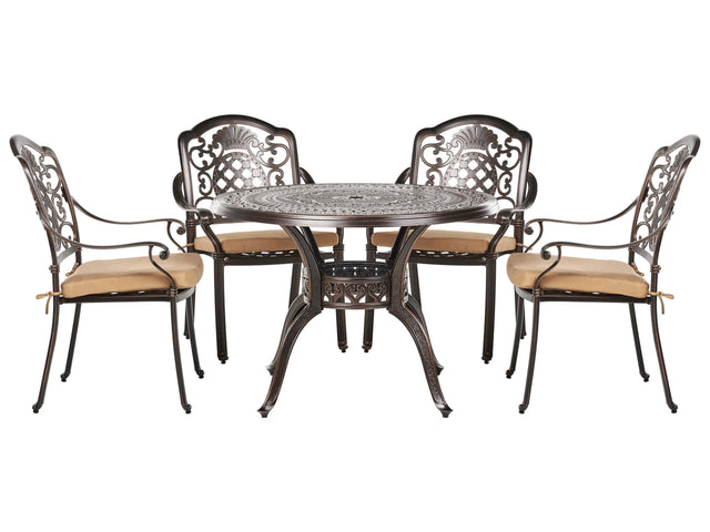 Garden Dining Set Brown Aluminium Outdoor Table 4 Chairs Seat Cushions Retro Style Beliani
