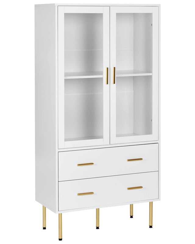 Display Cabinet White MDF with Glass Doors and 2 Drawers Gold Accents Beliani