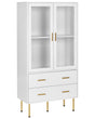 Display Cabinet White MDF with Glass Doors and 2 Drawers Gold Accents Beliani