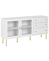 Display Cabinet White MDF with Glass Doors and 2 Drawers Gold Accents Beliani