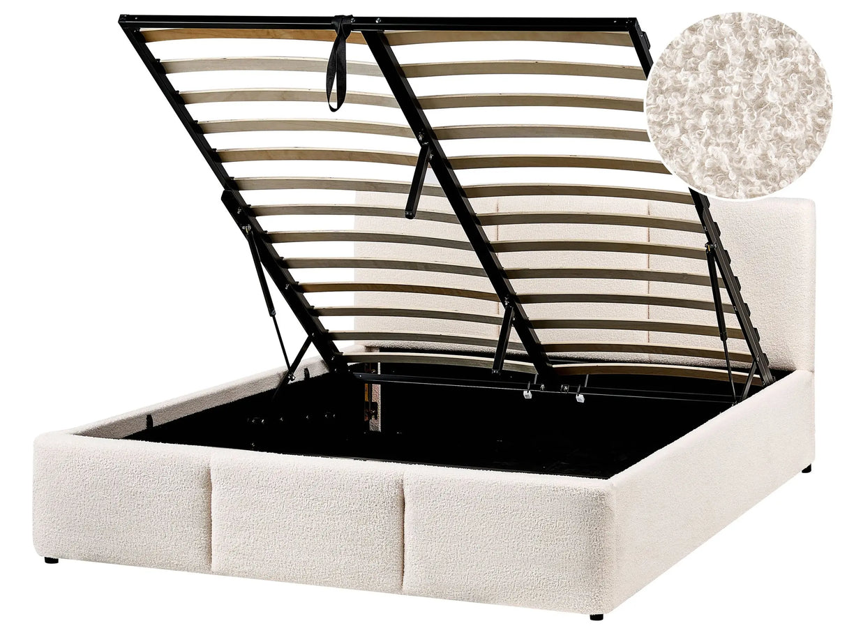 Ottoman Bed Off White Boucle Upholstery EU Double Size 4ft6 Tufted Headboard Storage Function Beliani