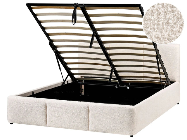 Ottoman Bed Off White Boucle Upholstery EU Double Size 4ft6 Tufted Headboard Storage Function Beliani