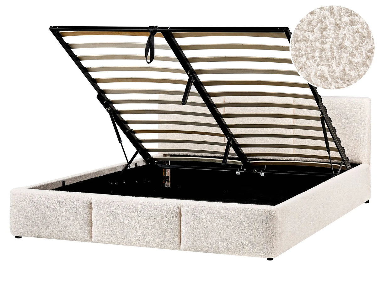 Ottoman Bed Off White Boucle Upholstery EU King Size 5ft3 Tufted Headboard Storage Function Beliani