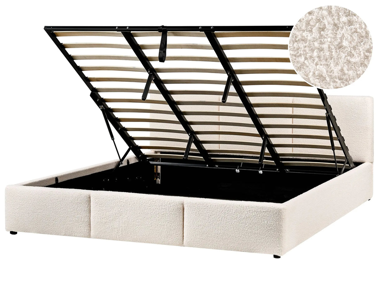 Ottoman Bed Off White Boucle Upholstery EU Super King Size 6ft Tufted Headboard Storage Function Beliani
