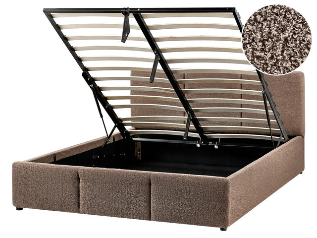 Ottoman Bed Taupe Boucle Upholstery EU Double Size  4ft6 Tufted Headboard Storage Function Beliani