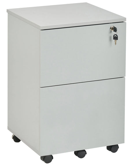 Office Storage Unit Light Grey Engineered Wood with Castors 2 Drawers Key-Locked Industrial Modern Design Beliani