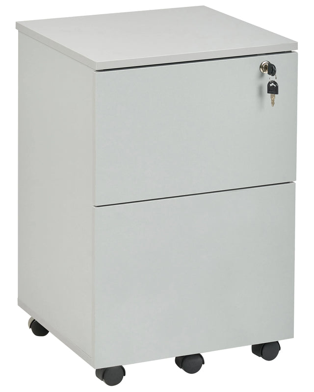 Office Storage Unit Light Grey Engineered Wood with Castors 2 Drawers Key-Locked Industrial Modern Design Beliani