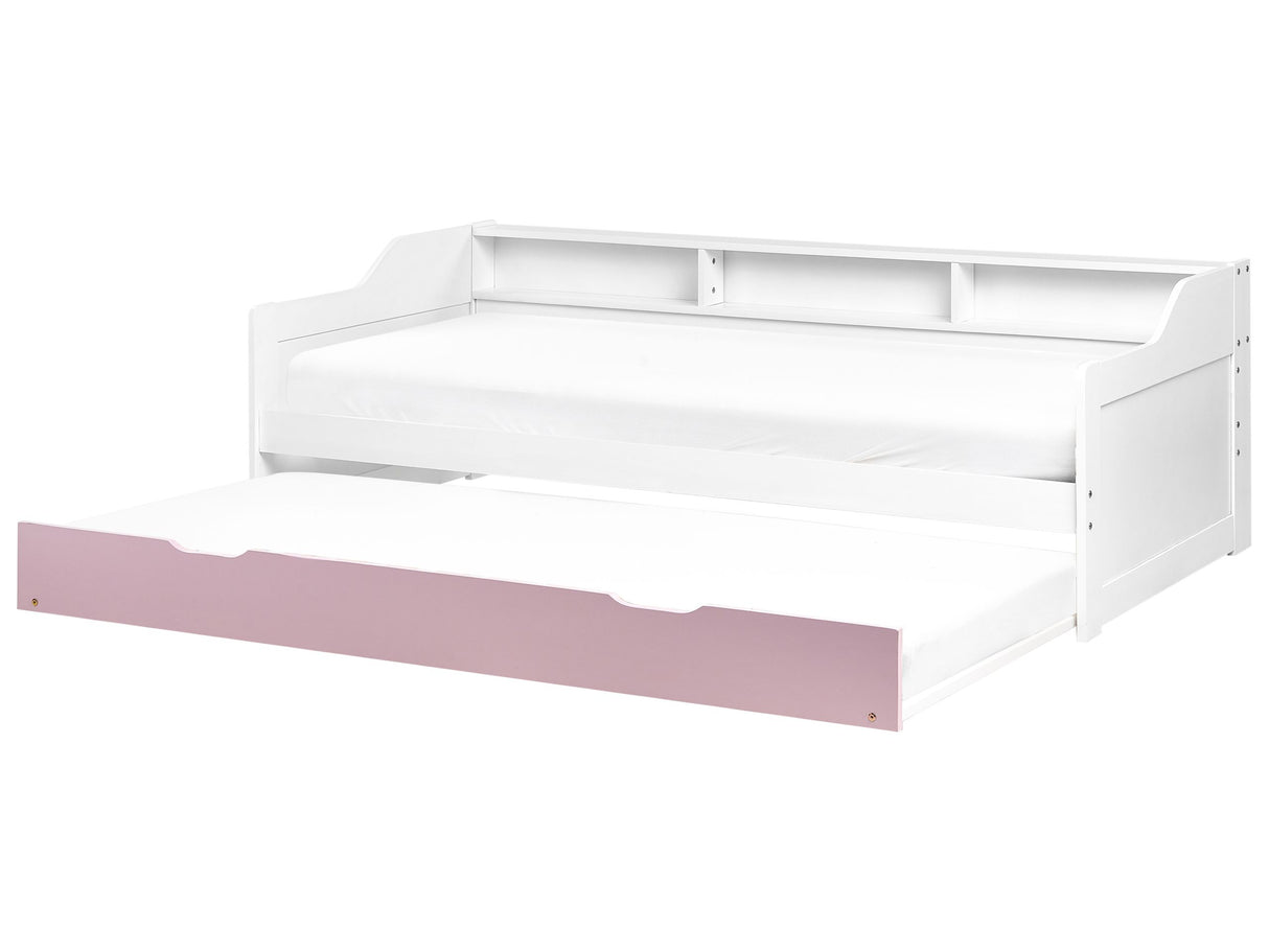 Trundle Bed White and Pink Pine Frame EU Single Size 3ft Slatted Frame Extra Slide Out Frame Beliani