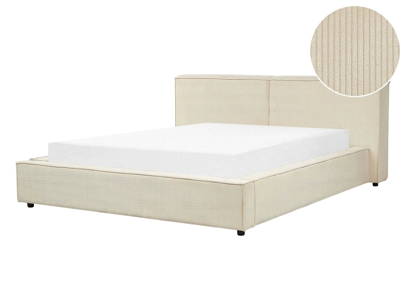 EU King Size Waterbed Beige Corduroy Upholstery 5ft3 with Thick Padded Headboard Footboard Beliani