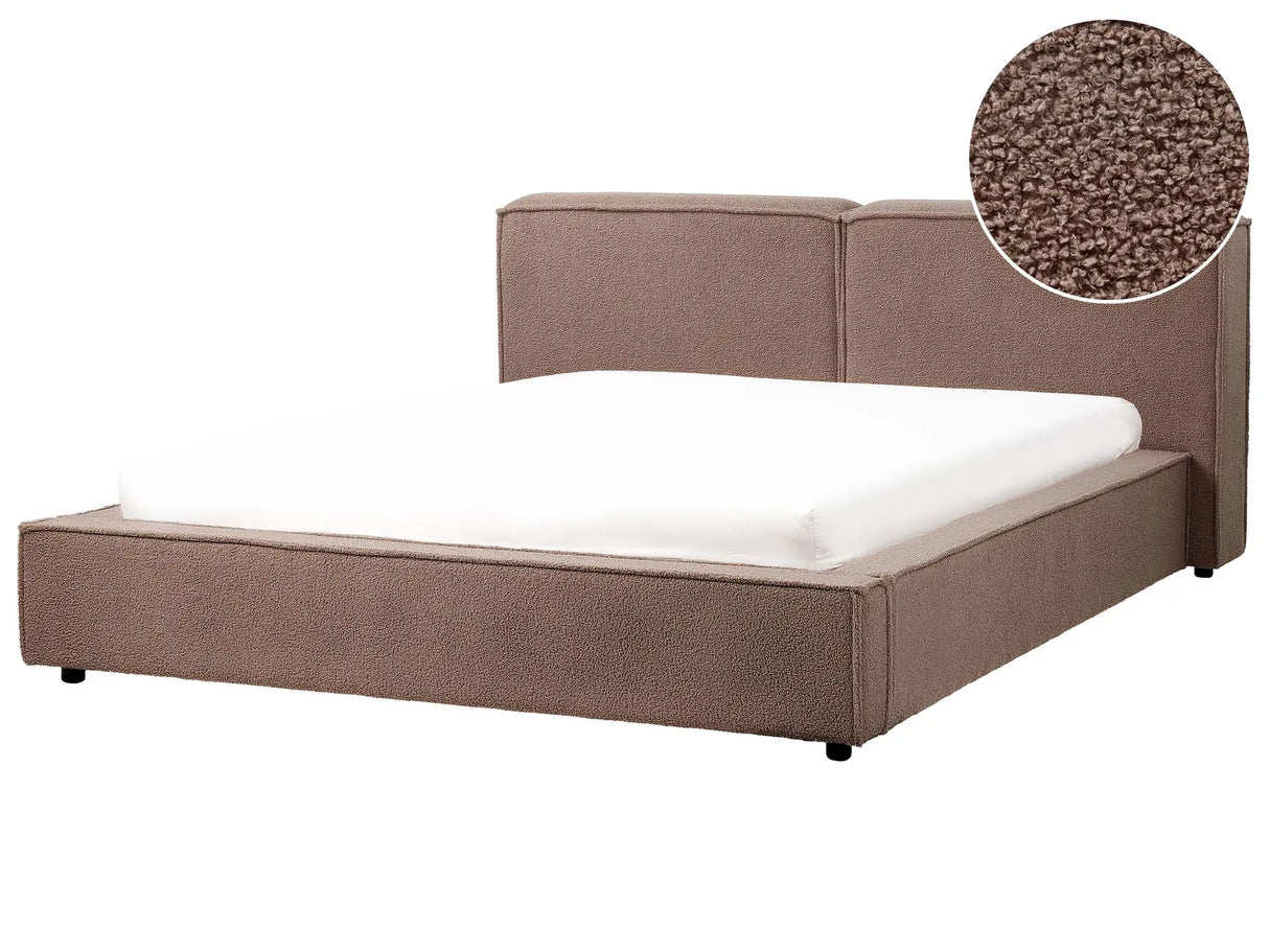 EU King Size Waterbed Brown Boucle Upholstery 5ft3 Slatted Base with Thick Padded Headboard Footboard Beliani