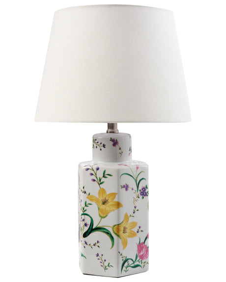Table Lamp White Porcelain Base Linen Drum Shade with a Floral Patten Lighting Stylish Beliani