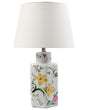 Table Lamp White Porcelain Base Linen Drum Shade with a Floral Patten Lighting Stylish Beliani