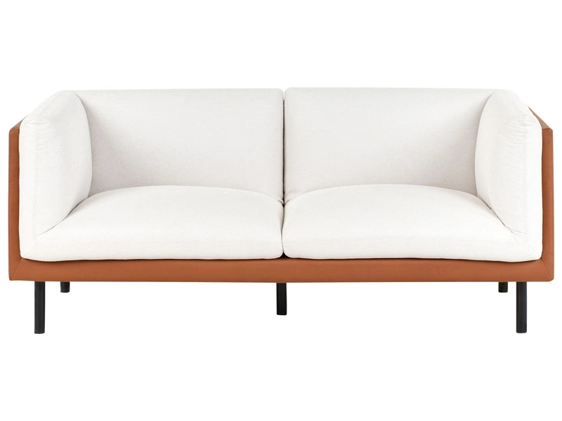 2 Seater Sofa Off-White and Brown Polyester Fabric and Faux Leather Wood Black Legs Upholstered Living Room Furniture Beliani