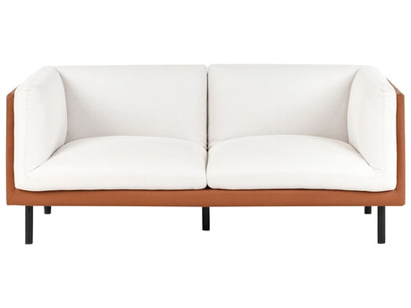 2 Seater Sofa Off-White and Brown Polyester Fabric and Faux Leather Wood Black Legs Upholstered Living Room Furniture Beliani