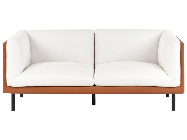 2 Seater Sofa Off-White and Brown Polyester Fabric and Faux Leather Wood Black Legs Upholstered Living Room Furniture Beliani