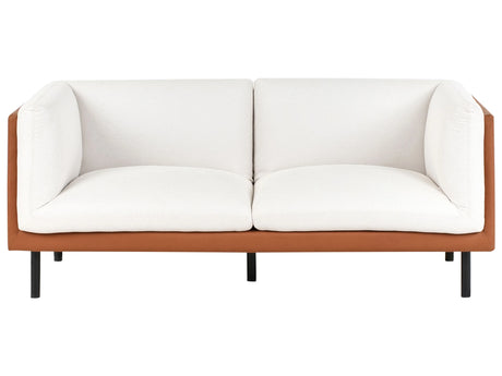2 Seater Sofa Off-White and Brown Polyester Fabric and Faux Leather Metal Black Legs Upholstered Living Room Furniture Beliani