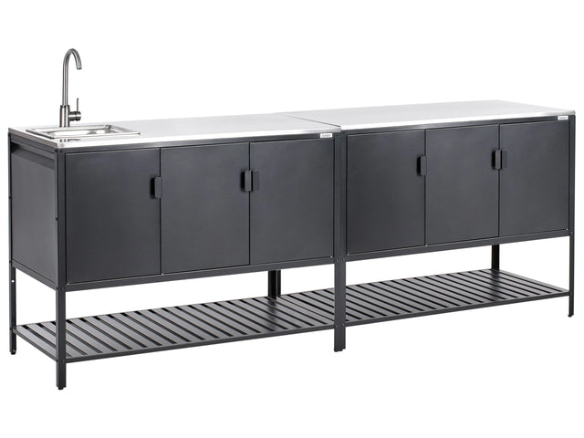 Outdoor Kitchen Cabinet Black Stainless Steel 3 Door Unit with Top Garden Kitchen Dining Beliani