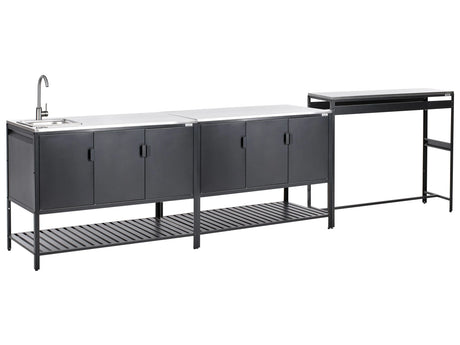 Outdoor Kitchen Cabinet Black Stainless Steel 3 Door Unit with Top Garden Kitchen Dining Beliani
