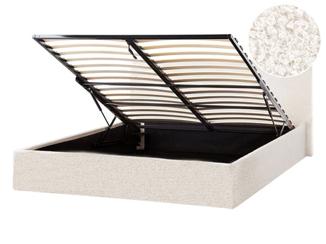 Bed Frame Off-White Boucle EU Super King Size 4ft6 Lift Up Storage with Headboard Beliani