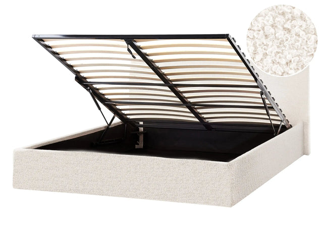 Bed Frame Off-White Boucle EU Super King Size 4ft6 Lift Up Storage with Headboard Beliani