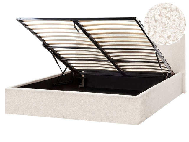 Bed Frame Off White Boucle EU Super King Size 5ft3 Lift Up Storage with Headboard Beliani