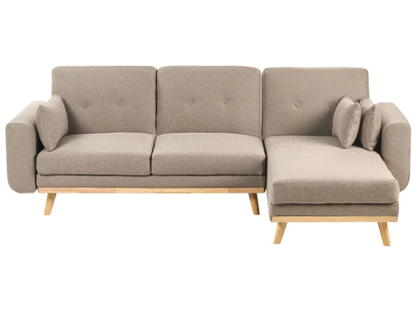 Left Hand Corner Sofa Light Brown Fabric Upholstered L-Shaped Tufted Cushioned Seat with Scatter Cushions and Sleeping Function Beliani