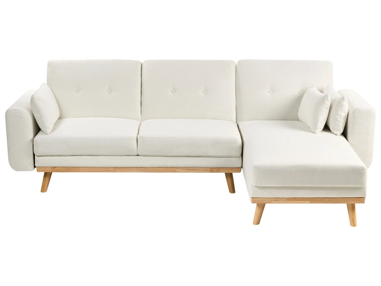 Left Hand Corner Sofa White Fabric Upholstered L-Shaped Tufted Cushioned Seat with Scatter Cushions and Sleeping Function Beliani