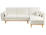 Left Hand Corner Sofa White Fabric Upholstered L-Shaped Tufted Cushioned Seat with Scatter Cushions and Sleeping Function Beliani