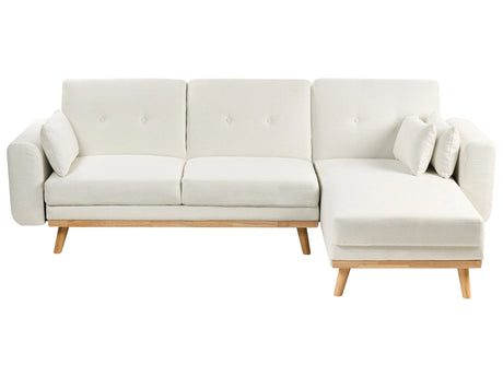 Left Hand Corner Sofa White Fabric Upholstered L-Shaped Tufted Cushioned Seat with Scatter Cushions and Sleeping Function Beliani