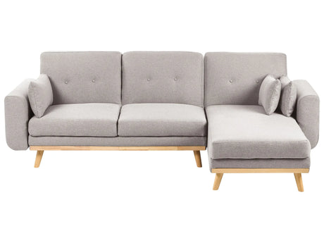 Left Hand Corner Sofa Grey Fabric Upholstered L-Shaped Tufted Cushioned Seat with Scatter Cushions and Sleeping Function Beliani