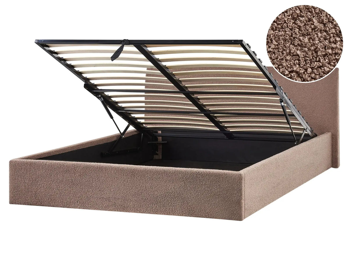 Bed Frame Brown Boucle EU Double Size 5ft3 Lift Up Storage with Headboard Beliani