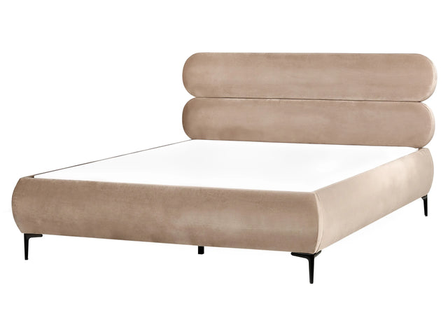 Bed Frame Taupe Velvet Upholstery Black Metal Legs EU King Size 5ft3 Slatted with Wingback Headboard Bedroom Classic Minimalist Beliani