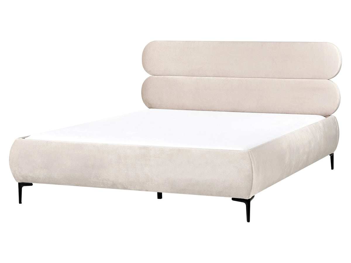 Bed Frame Light Beige Velvet Upholstery Black Metal Legs EU King Size 5ft3 Slatted with Wingback Headboard Bedroom Classic Minimalist Beliani
